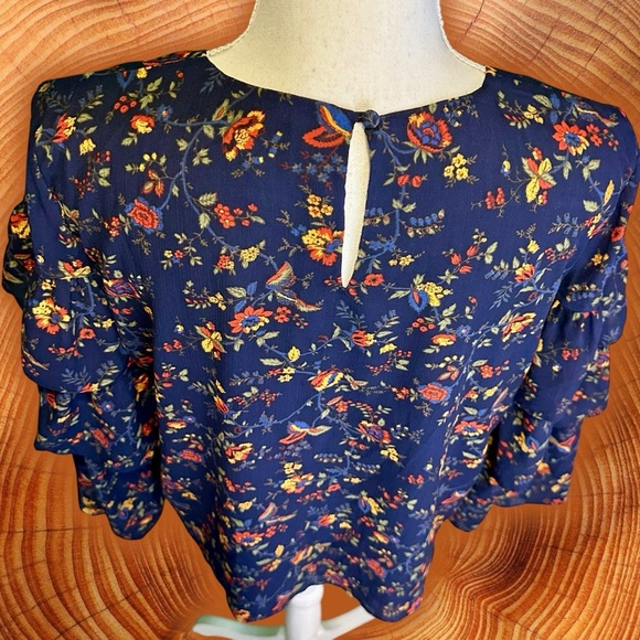 Madewell ‘Ruffle Sleeve Top’ in “Oriental Floral Midnight” Navy Blue Size Small - Picture 11 of 16